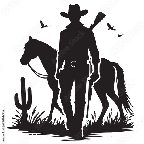 
Silhouette of a Cowboy on Horseback at Sunset

Western Cowboy Silhouette Against Dramatic Sky

Cowboy Riding Horse – Vintage Wild West Silhouette

Lone Cowboy Silhouette with Hat and Lasso

