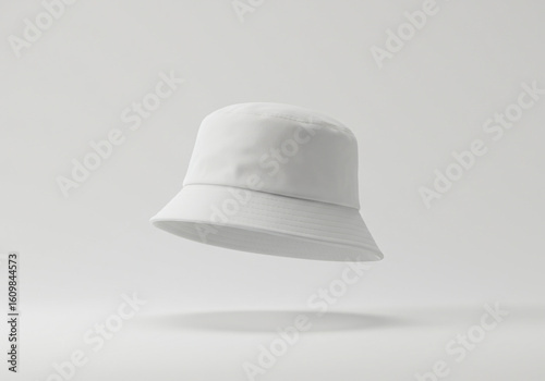 A floating blank white bucket hat on a solid white background 