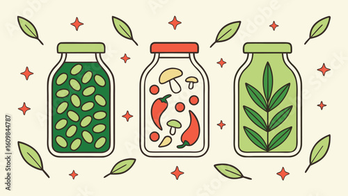 Three Jars with Pickled Vegetables and Herbs a Retro Illustration for Food Preservation and Healthy Eating