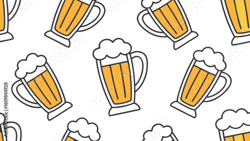 Seamless pattern of beer mugs with frothy heads perfect for festive backgrounds or bar related designs featuring a playful aesthetic