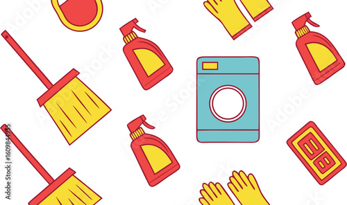 Vibrant Cleaning Equipment Pattern Background Featuring Washing Machine Broom Spray Bottle Gloves and Door Mat Promoting Hygiene and Sanitation