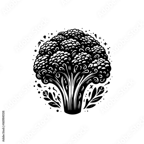 Stylized Black and White Broccoli Florets.