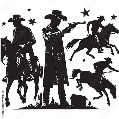 
Silhouette of a Cowboy on Horseback at Sunset

Western Cowboy Silhouette Against Dramatic Sky

Cowboy Riding Horse – Vintage Wild West Silhouette

Lone Cowboy Silhouette with Hat and Lasso

