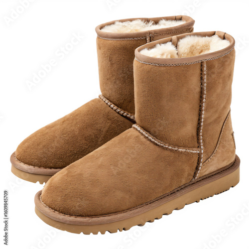 Pair of brown UGG style winter boots, isolated PNG transparent background