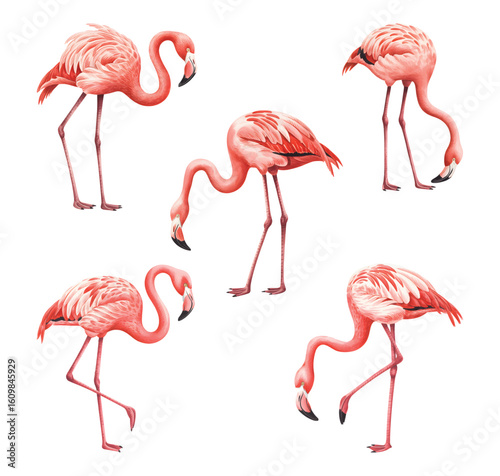 Watercolor study of flamingos in standing, walking, and bending positions. Watercolor flamingo vector Illustration.