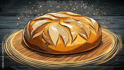 Rustic Crusty Loaf of Bread with Flour Explosion on Dark Wood