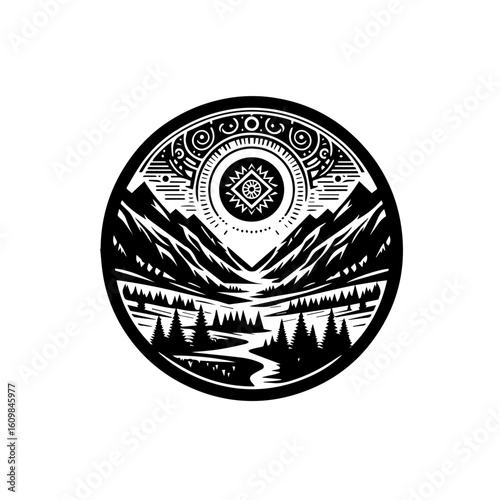 Stylized Mountain Landscape with River and Sun Symbol.