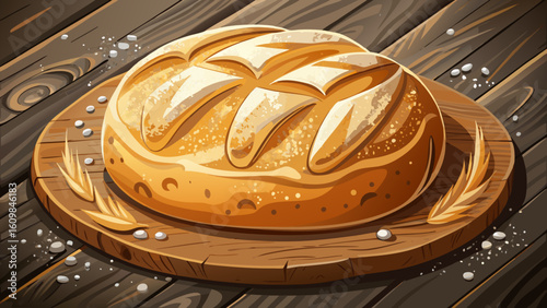Rustic Crusty Loaf of Bread with Flour Explosion on Dark Wood