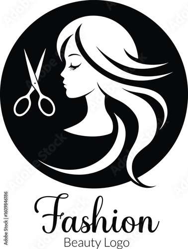 Elegant black and white silhouette logo featuring a stylized woman s profile with flowing hair and scissors symbolizing beauty salon hairdresser and fashion industry services