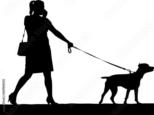 Silhouette of a woman walking a dog while talking on the phone.
Simple pose, capturing movement and multitasking.