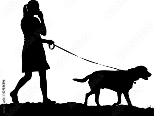 Silhouette of a woman walking a dog while talking on the phone.
Simple pose, capturing movement and multitasking.
