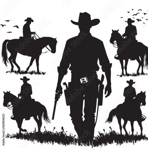 
Silhouette of a Cowboy on Horseback at Sunset

Western Cowboy Silhouette Against Dramatic Sky

Cowboy Riding Horse – Vintage Wild West Silhouette

Lone Cowboy Silhouette with Hat and Lasso

