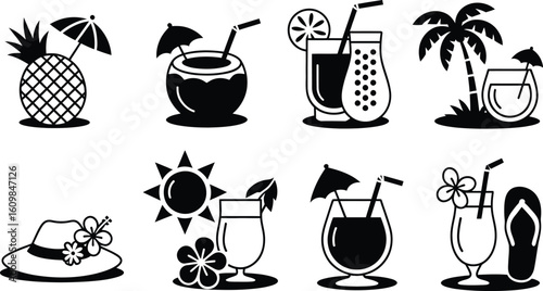 Collection of tropical summer drinks and beach accessories icons