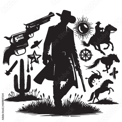 
Silhouette of a Cowboy on Horseback at Sunset

Western Cowboy Silhouette Against Dramatic Sky

Cowboy Riding Horse – Vintage Wild West Silhouette

Lone Cowboy Silhouette with Hat and Lasso


