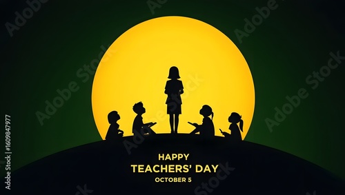 Happy teachers day silhouette illustration with teacher and students under the sun