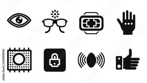 Eye glasses watch hand chip lock signal like technology security vision sensor access device data scan on transparent background silhouette