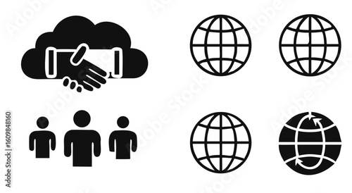 Cloud handshake global partnership team collaboration networking connection worldwide business strategy icon on transparent background silhouette