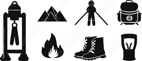Camping hiking adventure outdoors gear mountain backpack fire boots lantern trekking exploring travel nature trip on transparent background silhouette