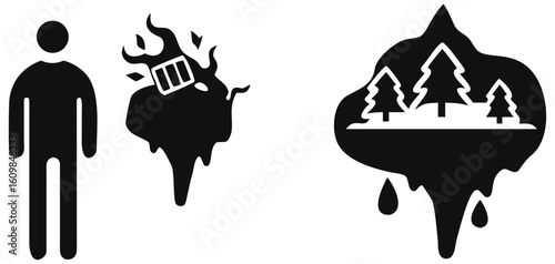 Abstract symbol of man fire and forest representing nature destruction and human impact on environment art on transparent background silhouette