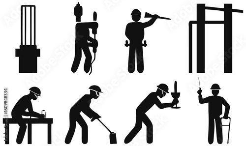 Illustration of construction worker workers working construction site building industry engineer tradesman job 100 on transparent background silhouette