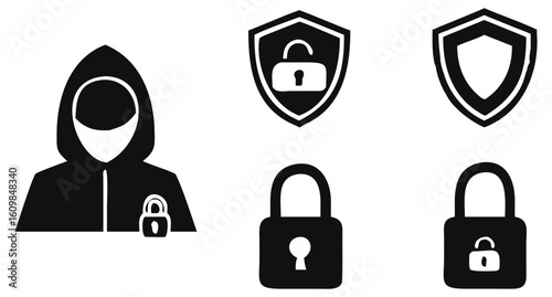 Hacker security shield padlock protection cybercrime internet safety online privacy anonymous threat secure data 100 on transparent background silhouette