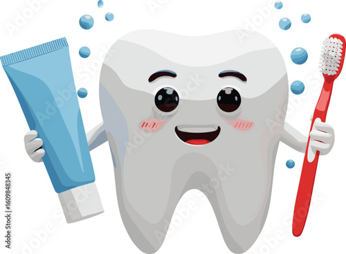 Cute cartoon tooth holding toothbrush and toothpaste, dental hygiene concept, kids oral care illustration, smiling tooth character clipart