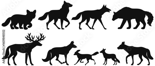 Silhouette animals deer wolf fox jackal rabbit wildlife nature mammal vector design graphic illustration on transparent background