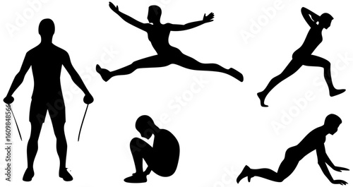 Silhouette fitness people training exercise workout sport healthy lifestyle activity body physical wellbeing jump on transparent background