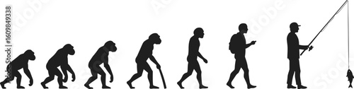 Human evolution ending in fishing, funny progress concept, primitive to modern man, silhouette transformation, humor illustration, outdoor activity with fish
