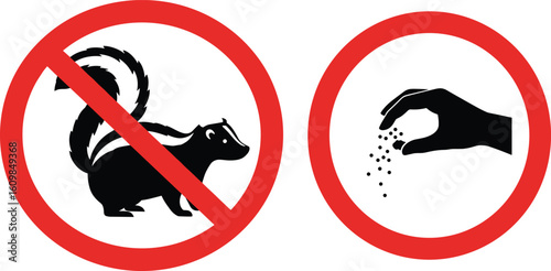 No skunk zone warning, do not feed animals sign, red circle icon, wildlife control, pest prevention, park safety message