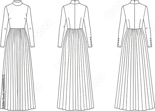 Long sleeve pleated maxi dress technical sketch, high neck, front and back view fashion illustration