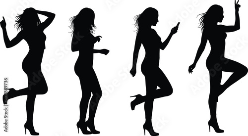 Silhouette of young women dancing, posing, walking, using phone, in high heels, stylish and confident, feminine fashion illustration concept
