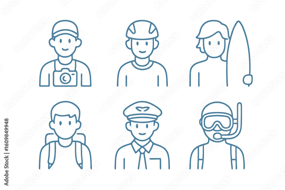 Fototapeta premium Blue thin line avatar icons featuring tourist, surfer, and mountain climber. Perfect for travel branding, adventure apps, and stock illustrations.