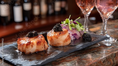 Elegant seared scallops plated with caviar upscale restaurant gourmet food luxurious ambiance close-up view culinary artistry