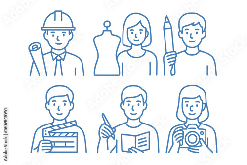 Blue thin line avatar icons featuring architect, fashion designer, and illustrator. Perfect for creative portfolios, art apps, and stock illustrations.