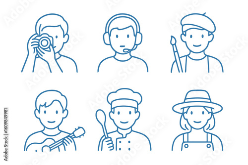Blue thin line avatar icons featuring photographer, gamer, and painter. Perfect for hobby branding, lifestyle apps, and creative stock illustrations.