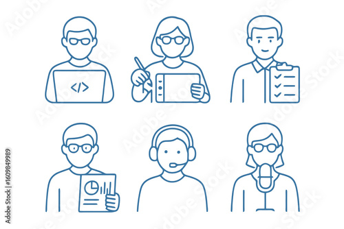 Blue thin line avatar icons featuring programmer, designer, and support roles. Perfect for remote work, technology branding, and stock illustrations.