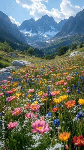 Mountain valley meadow wildflowers sky image