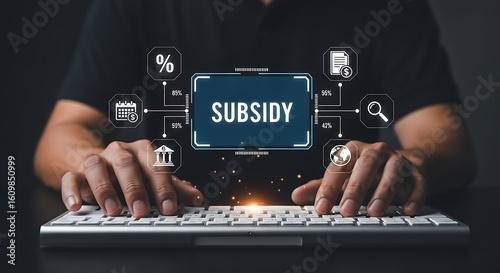 A person types on a keyboard with a subsidy concept floating above it