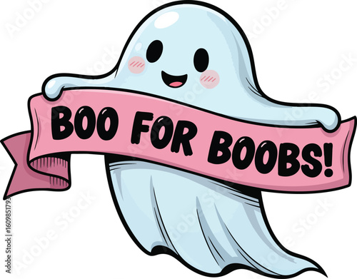 Cute Cartoon Ghost Holding "Boo for Boobs" Banner – Breast Cancer Awareness Halloween Illustration