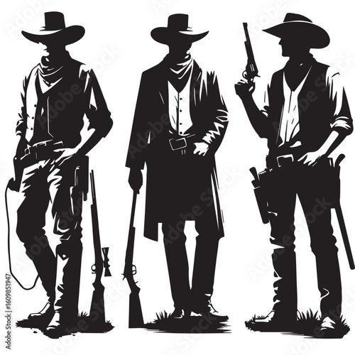 Silhouette of a Cowboy on Horseback at Sunset

Western Cowboy Silhouette Against Dramatic Sky

Cowboy Riding Horse – Vintage Wild West Silhouette

Lone Cowboy Silhouette with Hat and Lasso

