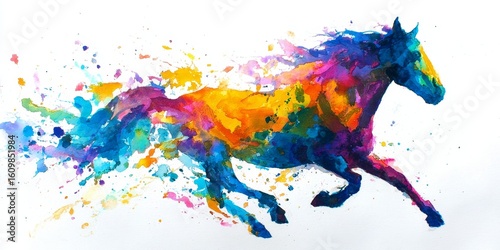 Watercolor painting of a galloping horse silhouette with a flowing mane and tail, created with vibrant splashes of blue, purple, orange and yellow against a white background