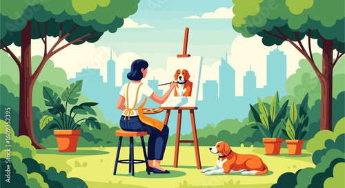 Adobe illustrator flat style illustration of a woman painting her dog on a canvas in a park with trees and a city skyline in the background. Ideal for pet art and outdoor hobbies
