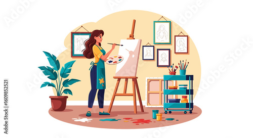 Adobe illustrator flat style illustration of a woman painting a portrait sketch on a canvas with a brush and palette in a cozy art studio. Ideal for art and hobby theme