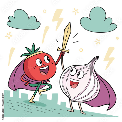 Superhero tomato and onion with sword and cape in a storm