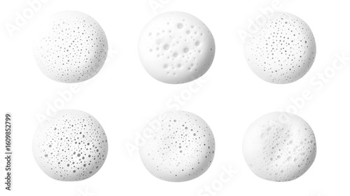 Artistic view of six white foam circles with textures and bubbles on a white background