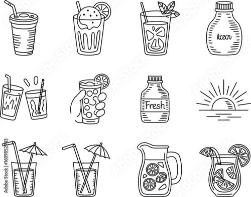 Collection of hand drawn sketches of refreshing summer drinks and beverages