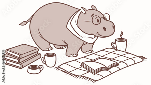 Charming SVG of a Curious Hippo, styled in a Bookworm Day theme with Cozy Reading hues