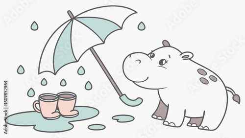 Whimsical Hippo feeling Bashful in a Rainy day setting – colored in Raindrop Calm