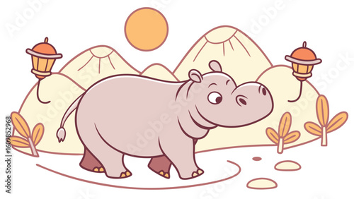 Whimsical Hippo feeling Curious in a Desert sunset setting – colored in Sundown Glow
